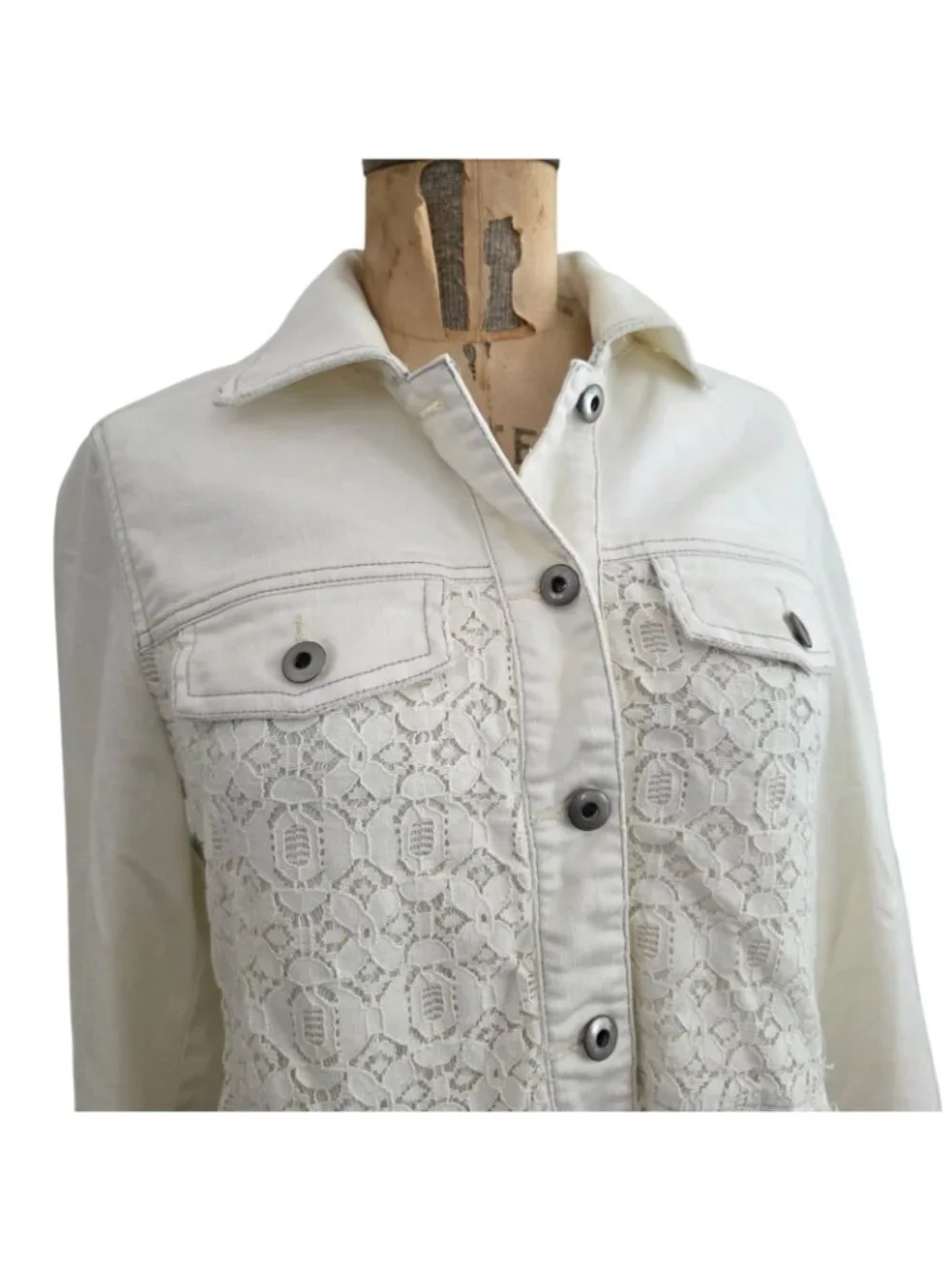 Free People White Lace Peplum Hem Jean Jacket 2